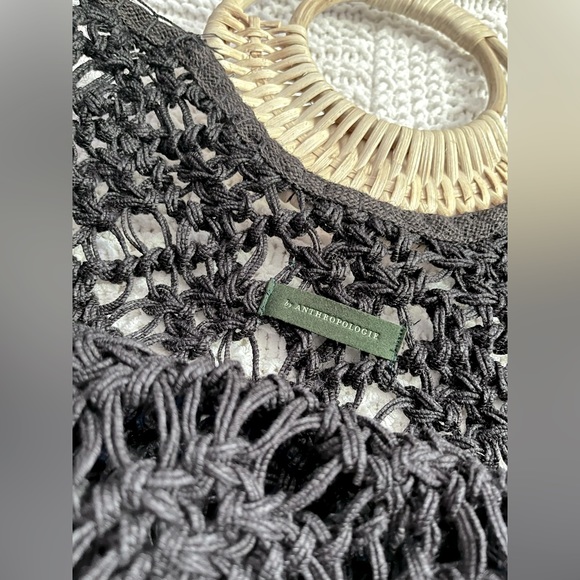 Anthropologie, black macrame tote bag purse w/ rattan handles - Picture 2 of 10